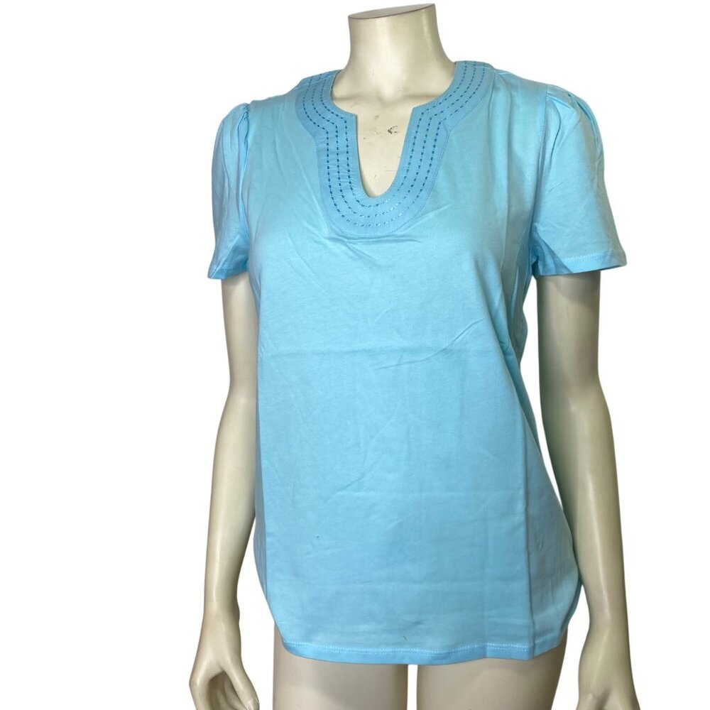 Rafaella Womens Light Blue V-Neck Short‎ Sleeve Top LG NWT